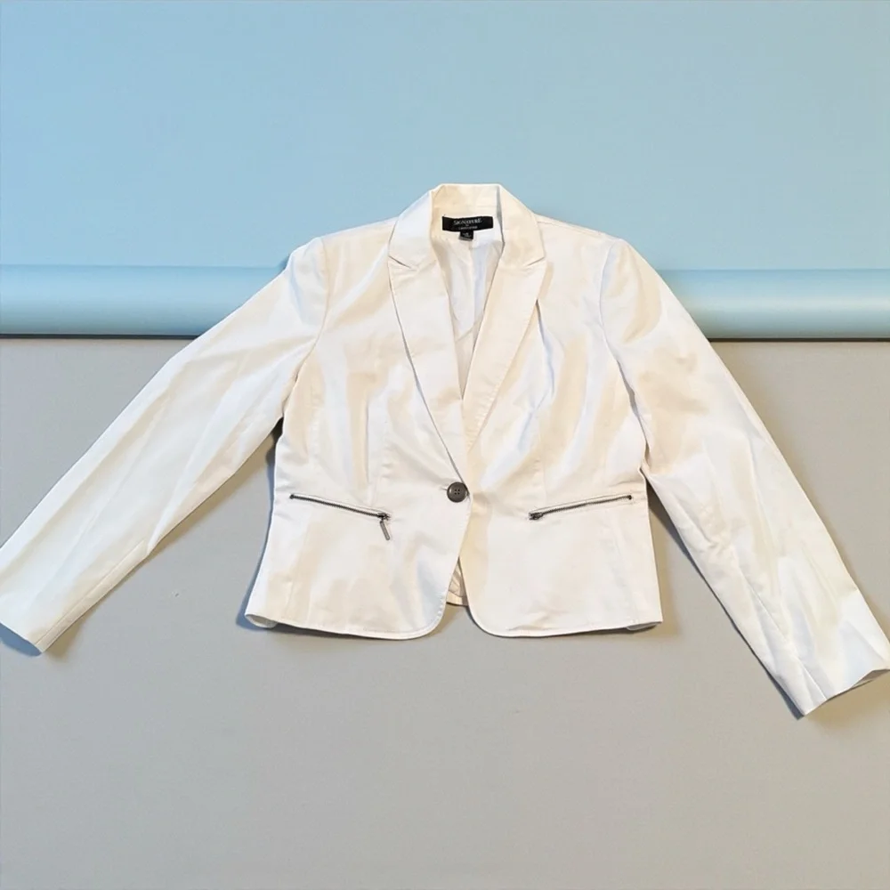 Larry Levine Classic Single Button Lined Blazer with Zip Pockets Size 12‎ White